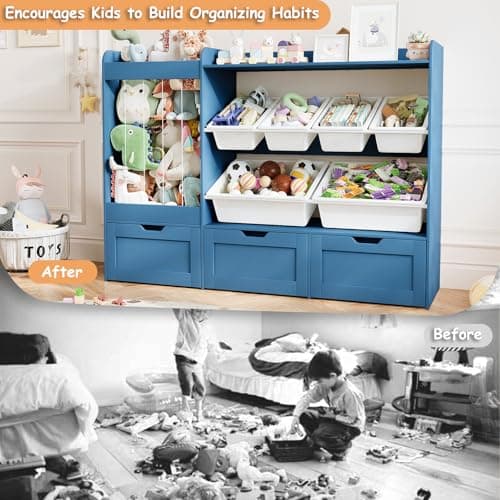 VortinT 50.6" W Large Toy Storage, Kids Toy Organizer Shelf with Stuffed Animal Zoo, 6 Plastic Bins, 3 Rolling Boxes, Wooden Toddler Toy Bookshelf Organization Shelves for Kids Room, Bedroom (Blue) - Thumbnail 6