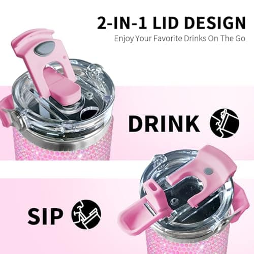 30oz Bling Rhinestone Studded Tumbler with Top Handle, Bling Cups Stainless Steel Water Bottle Diamond Glitter Tumbler for Women - Birthday Gifts for Women, Mom,Get Well Soon Gifts (Pink) - Thumbnail 3