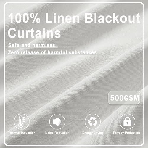White Linen Blackout Curtains with Tassels 84 Inch Long,100% Blackout Boho Curtain 2 Panels Set for Living Room Bedroom Noise Reduction Curtain - Thumbnail 5