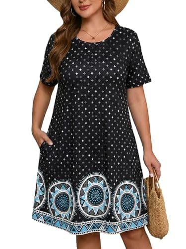 AusLook Plus Size Floral Midi Dress for Women Casual Summer Short Sleeve A Line Swing 1X Dress with Pockets Round Neck Flowy Knee Length T Shirt Vacation Beach Sundress - Image 1