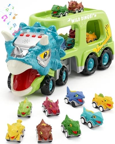 Cozycharm 9 in 1 Dinosaur Toys for Boys, Dinosaur Transport Truck with 8 Pull Back Dino Cars, Toys for 3 4 5+ Year Old Toddlers, Birthday for Grandkids, Blue Green