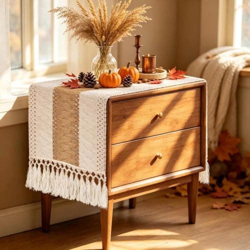 yuboo Boho Coffee Table Runner 48 Inch, Spring Farmhouse Burlap Dresser Runner Scarf, Rustic Macrame Runner for Round Table, TV Stand, Entryway Console, Neutral Easter Decor - Thumbnail 2