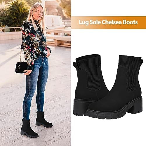 Athlefit Women's Black Chelsea Boots Fall Platform Ankle Boots Slip on Chunky Lug Sole Boots - Thumbnail 2