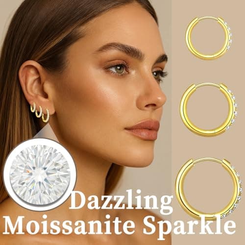 Moissanite Titanium Huggies Hoop Earrings for Women Men, Gold, 3 Pairs - Thumbnail 2