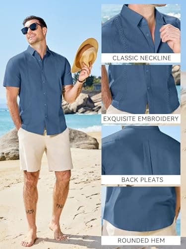 JEMLDL Big and Tall Men's Guayabera Cuban Shirt Cotton Linen Short Sleeve Light Collared Casual Business Wedding Outfits Navy Blue 4XL - Thumbnail 5