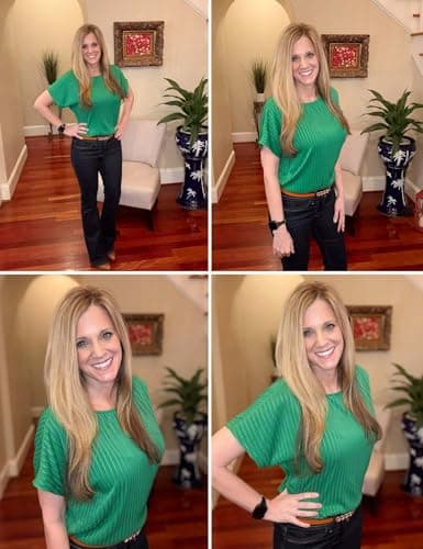 JUSTFASHIONNOW Womens Short Sleeve Blouses Business Casual Tops Crew Neck Basic Tees Textured Work Shirts Cute Office Outfits(Green,L) - Thumbnail 5