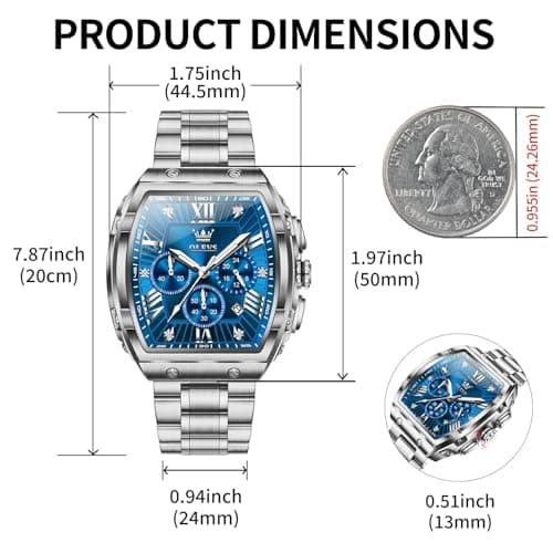 OLEVS Watches Men Blue Face Rectangle Tonneau Fashion Fancy Silver Stainless Steel Dress Wrist Watches Waterproof Chronograph Luminous Battery Luxury Big Dial Watches for Men Relojes para Hombres - Thumbnail 2