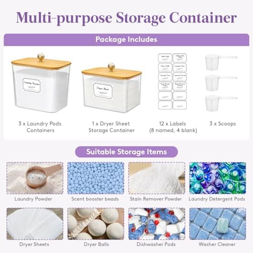 Lifewit Large Laundry Pods Container& Dryer Sheet Holder, Laundry Storage Containers, Laundry Room Organization Storage Jars for Powder, Scent Booster Beads,Bamboo Lid,0.53+0.7 gal,4 Pcs - Thumbnail 3
