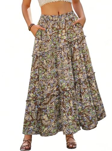 Scarlet Darkness Boho Maxi Skirt for Women Tiered Flowy Long Skirts with Pockets 2026 Summer Spring Vacation Outfits Brown Green Floral S - Thumbnail 2
