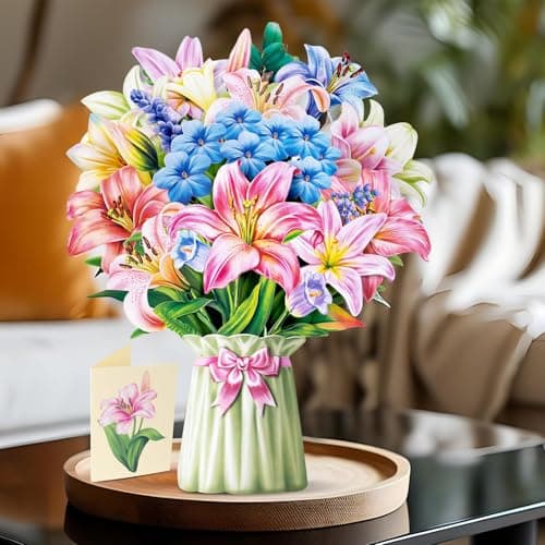 Airpark 3D Pop Up Flower Greeting Cards, Lilies and Lupines Paper Flower Bouquet Pop Up Birthday Card, Mother's Day, Get Well, Thank You Gift Cards for Women Mom Friends, Blank Notecard & Envelope - Thumbnail 3