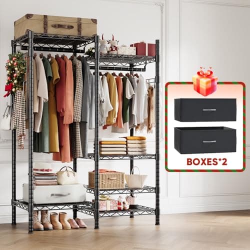 HOKEEPER Clothes Rack Heavy Duty Clothing Rack for Hanging Clothes Loads 1200LBS, Portable Closets Adjustable Garment Rack with Detachable Drawers, Side Mesh Board and Hooks 46.3"Wx16.9"Dx76.2"H Black