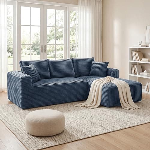 92.5" Modualr Sectional Sofa, L-Shape Corduroy Cloud Couch with Chaise, Upholstered Memory Foam Boneless Couch for Living Room, No Need Assembly - Blue(Right Facing Chaise) - Thumbnail 3
