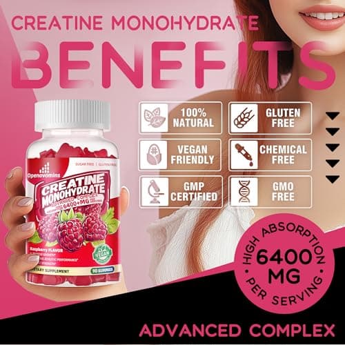 Creatine Monohydrate Gummies Complex 6400mg for Men & Women -Advanced Formula W/L-Taurine + Vitamin B12, Sugar Free Chewable Supplement,90 Raspberry Gummies - Thumbnail 3