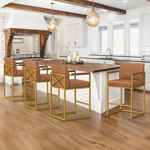 LUE BONA Bar Stools Set of 2, Counter Height Bar Stools with Backs and Arms, Modern BarStools with Metal Legs, Upholstered Bar Chairs for Kitchen Islands, Brown and Gold - Thumbnail 5
