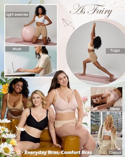 As Fairy Wireless Comfort Bras for Women - Seamless Push Up T-Shirt Bra, V Neck Ultra Soft Sleeping Bralette Everyday Wear White 40C - Thumbnail 6
