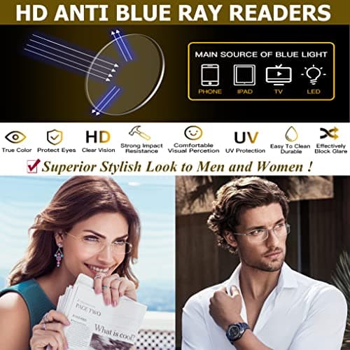 Yiwaeye 2 Pack Titanium Rimless Reading Glasses Anti Blue Light Glare Filter, Ultralight Spring Hinge Readers for Men Wowen Gold/Gunmetal +1.5 - Thumbnail 4