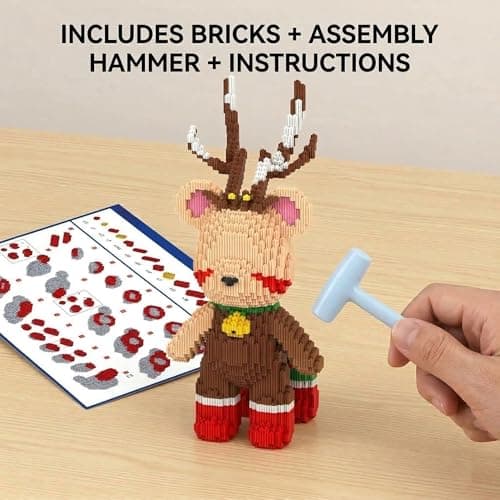 SehrKlug 16.53" Reindeer Teddy Blocks Bear Building Bricks Set, Challenge for Adults, Ages 14+, Collectible Home Decor for Bedroom, Office, or Book Shelf, Keep Busy, Relaxing Activity Gift, Birthday - Thumbnail 4