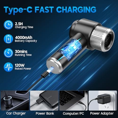 JONYJ Handheld Car Vacuum Cleaner, 16000PA Hand Held Vacuum Portable Cordless, 2 in 1 Air Duster and Vacuum Cleaner with LED Light, Multi-Nozzles, 120W High Power Mini Vacuum for Home, Pet, Office - Thumbnail 4