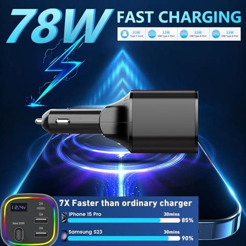 Car Charger USB C, 4in1 Car Phone Charger with USBC Retractable Cable for iPhone Android Fast Charge, AGEMANY 78W Cigarette Lighter Adapter with Voltage Display, 12V/24V Car Accessories Gift (Black) - Thumbnail 2