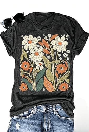 Womens Boho Floral Shirt Vintage Flower Tee T-Shirt Summer Short Sleeve T Shirts Cute Graphic T Shirt(B5A-Black2,S)