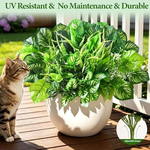Livole 12Pcs 12 Styles Artificial Plants Outdoor Realistic UV Resistant Artificial Flowers Large Bunches Faux Plants Greenery Stems Boston Fern for Garden Porch Planter Window Box Home Decor - Thumbnail 4