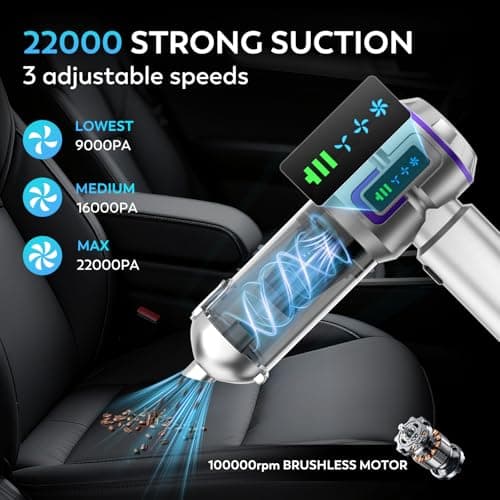KedeeSparkle Car Vacuum Cleaner Cordless, 22000PA High Power Portable Handheld Vacuum & Compressed Air Duster, Mini Vacuum with LED Display, 3 Modes Brushless Motor for Car, Home, Office, Camping - Thumbnail 2