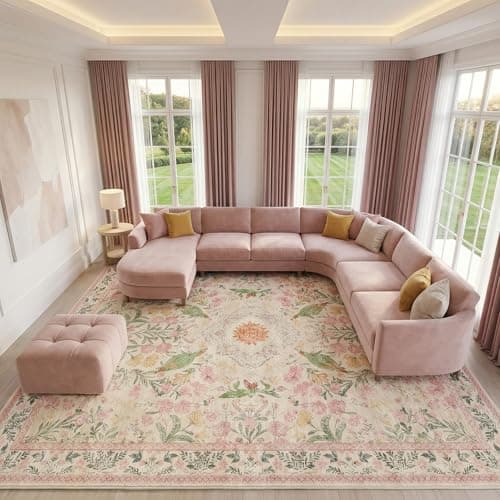 Cnythlis 9'x12' Bohemian Floral Extra Large Area Rug, Washable Non-Slip Silicone Backing Living Room Carpet, 0.26" Low Pile Faux Wool Soft Rug for Big Dining Room Home Office, Garden Pink - Image 1