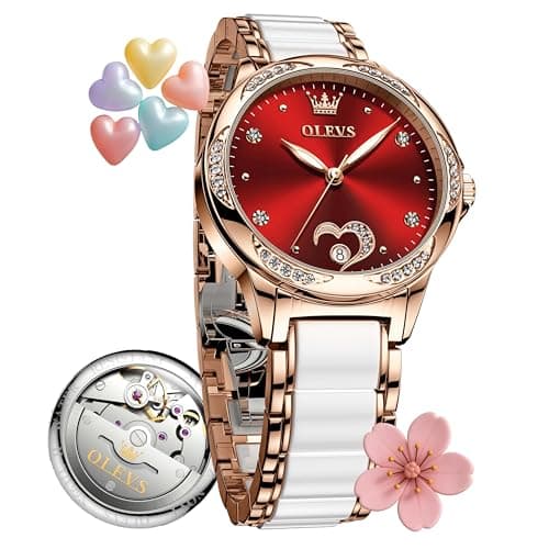 OLEVS Automatic Watches for Women, Two-Tone Rose Gold Ceramic Watch with Red Dial, Self Winding Mechanical Watch, Open Heart Diamond Dress Watch - Image 1