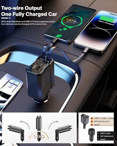 Retractable Car Charger, 4 in 1 Fast Car Charging USB c,Road Trip Essentials,Travel Essentials Gifts for Women Men, Car Accessories for iPhone 16 15 14 13 12, for Samsung, Black - Thumbnail 3