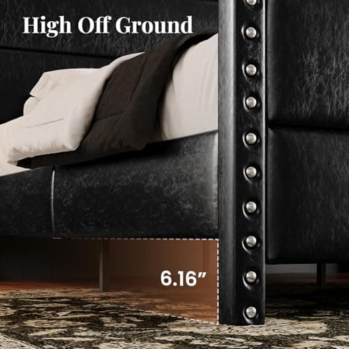 Uteeran King Size Bed Frame with Storage Shelf & Charging Station, 55" Tall Headboard & 25.6" Footboard, Faux Leather Upholstered Platform Bed with Big Rivets Wingback, Heavy Duty & Noise-Free, Black - Thumbnail 4