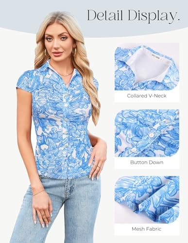 GRACE KARIN Women Mesh Boho Tops Dressy Casual Floral Short Sleeve Button Down Blouse Collared Outfit Blue White Large - Thumbnail 2