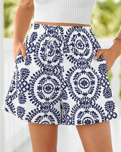 BTFBM Womens Shorts Dressy Casual Summer Spring Outfits 2026 Floral High Waist Wide Leg Loose Boho Vacation Beach Shorts(Navy Blue, Medium) - Thumbnail 2
