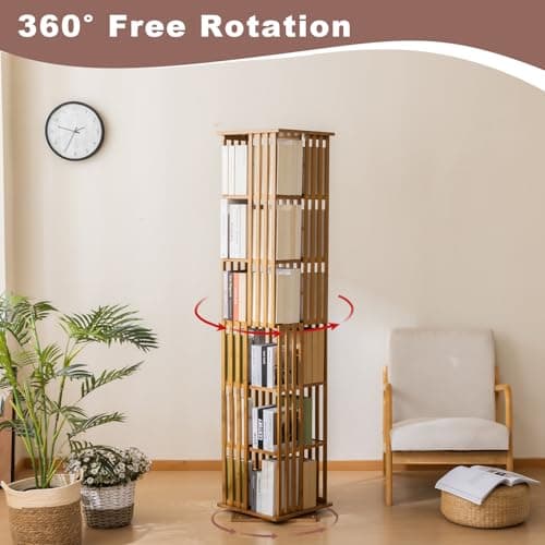 Bamboo Rotating Bookshelf Tower, 360° Spinning Bookcase, 6-Tier Narrow Floor Standing Storage Rack for Corner, Office, Room,Brown - Thumbnail 5