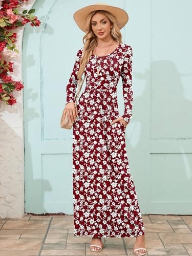 DEARCASE Maxi Dress for Women Floral Wine Red White Little Flower Large Round Neck Boho Long Sleeves A-line Casual Hawaiian Empire Waist Flowy Party Vintage Spring Fall Winter Dresses with Pocket - Thumbnail 5