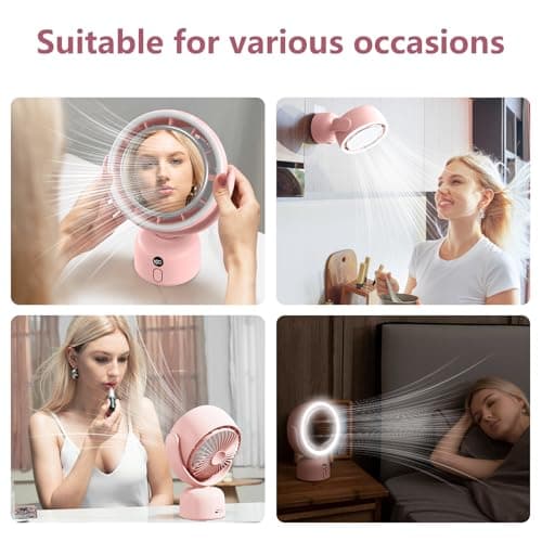 Sunytee 6000mah Rechargeable table Fan, Portable Fan with LED Makeup Mirror 5-Speed Quiet Cooling Fan|3 Level Dimming led vanity mirror with light fan | USB-Powered For Home/Office/Kitchen (Pink) - Thumbnail 6