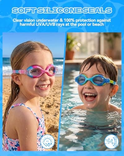 Aegend Swim Goggles for Kids Age 3-8 Anti-Fog Clear Vision Full Protection Goggles Perfect for Toddler Swimming (Blue & Pink-2 Pack) - Thumbnail 3