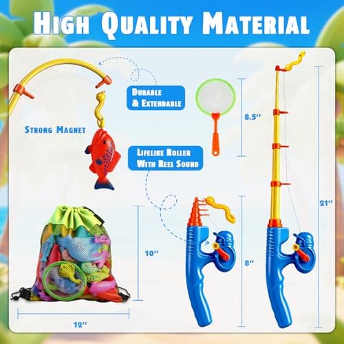 CozyBomB™ Magnetic Fishing Toys Game Set for Kids | Water Table Bathtub Kiddie Pool Party Pole Rod Net, Outdoor Plastic Floating Fish, Toddler Bath Color Ocean Sea Animals Easter Gift Age 3-5 6 4-8 - Thumbnail 3