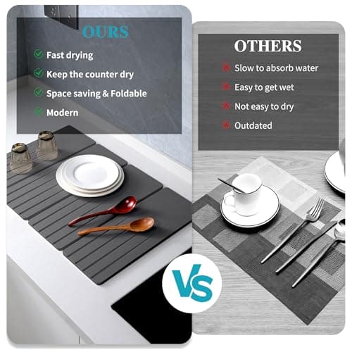 Extral Large Quick Dry Stone Drying Mat for Kitchen Counter,28x16 Inch Collapsible Eco-Friendly Absorbent Diatomaceous Earth Mat for Dishes Cups (Deep Gray-Upgraded Version, 16x12 inch) - Thumbnail 5