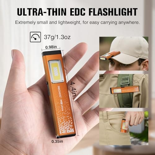 RECHOO Flat EDC Flashlight Rechargeable, 8-Mode Slim Pocket Flashlight with Magnetic Base & Clip, Lightweight Mini Rechargeable Flashlights for Everyday Carry, Working, Camping, Car Repair & Emergency - Thumbnail 2