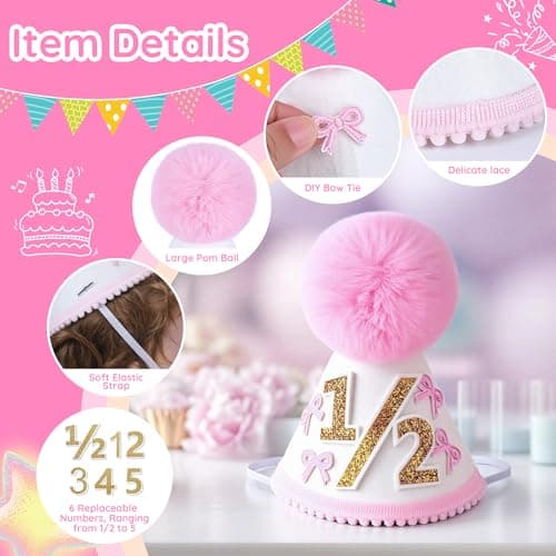 UTOLOVE Handcrafted Felt Birthday Hat with Pompom - Adjustable Cone Hat for 1st, Half to 5th Birthday Party Decorations - Baby & Kids Celebration Photo Prop Crown- White&Pink - Thumbnail 5