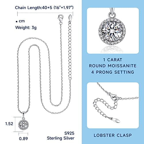 MomentWish Moissanite Necklace for Women, 1 Carat Simulated Moissanite Necklace for Her 925 Sterling Silver Halo Pendant Anniversary Valentine's Day Birthday Gifts for Mom Wife Girlfriend-Round - Thumbnail 6
