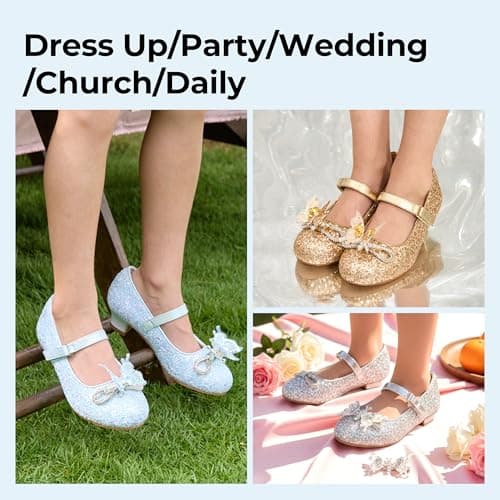 PATPAT Girls Dress Shoes Size 11 Little Kid, Silver Glitter Shoes with Butterfly Hair Clips, Sequins Rhinestones Bowknot Princess Low Heels Mary Jane Footwear Heels for Girls Dress Up - Thumbnail 6