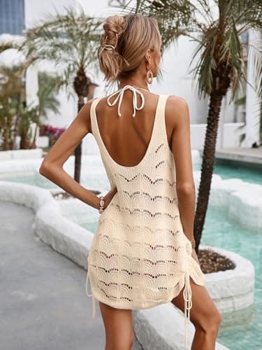 BreathSunny Womens Crochet Knit Side Drawstring Swimsuit Coverup Summer 2026 Scoop Neck Backless Sleeveless Mesh Swimwear Coverups Beach Swim Bikini Bathing Suit Cover Up Mini Dress Apricot M - Thumbnail 3