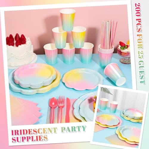 NatNarr 200 Pcs Iridescent Pastel Party Supplies Decorations, 25 Guest Scalloped Iridescent Pastel Plates and Napkins, Holographic Rainbow Plates Cups Napkins Straw Silverware for Girls Birthday - Thumbnail 5