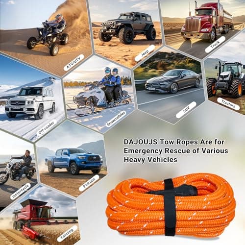 DAJOUJS Kinetic Recovery Tow Rope 7/8" x 30ft Tow Strap 48500lbs Snatch Strap with 2Pcs Soft Shackles 56000lbs Break Strength Heavy Duty Kinetic Towing Rope for Truck ATV UTV Offroad Recovery Rope Kit - Thumbnail 5