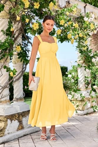 2025 Women's Summer Sleeveless Off Shoulder Floral Flowy A Line Maxi Dresses Light Yellow XXL - Thumbnail 2