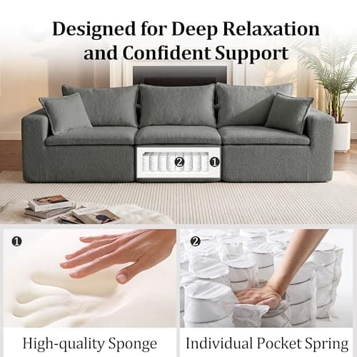105" Modular Sectional Sofa, Cloud Boneless Couch with Layered Cushion, 3 Seaters Flexible Module Sofa Convertible L Shaped Couches Combination for Living Room and Office(Gray, 105" 3 Seaters) - Thumbnail 4