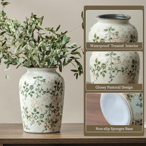 Ceramic Flower Vase | Farmhouse Green Rustic Vase for Home Decor, Vintage Floral Pottery Tuscan Decorative Vase for Living Room & Kitchen, Mantel & Bookshelf, Centerpieces, Entryway, Wedding(7.8 Inch) - Thumbnail 4
