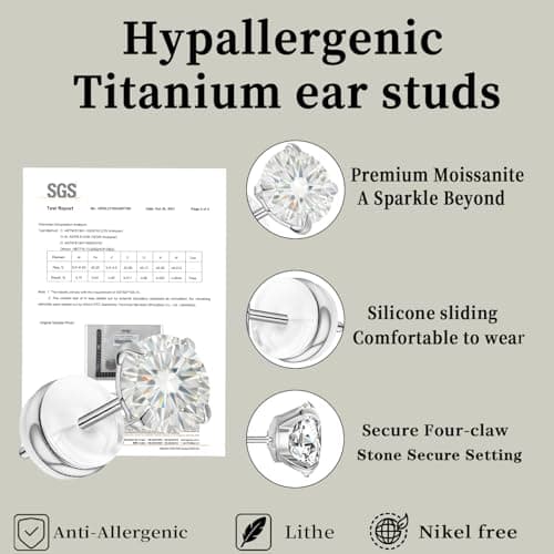 3 Pairs Moissanite Stud Earrings in White Gold Plated Titanium | HypoAllergenic Earrings for Women & Men (Silver 3/4/5mm) - Thumbnail 4