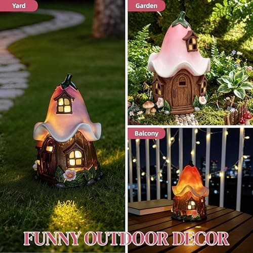 Solar Fairy Garden House, Whimsical Flower Cottage Fairy Figurines with Automatic Solar Lights, Hand-Painted Resin Garden Statue Unique Gift for Outdoor, Patio, Yard Art, Balcony, Porch Decor - Thumbnail 6